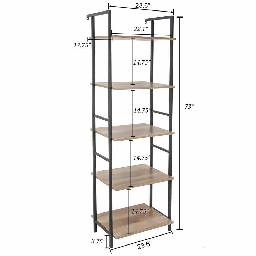 Light Oak and Black 5-Shelf Industrial Etagere Bookcase
