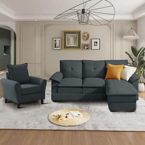 82.28 in. Top Pillow Arm Fabric L Shape Sectional Sofa with Reversible Ottoman and Chair in Charocoal