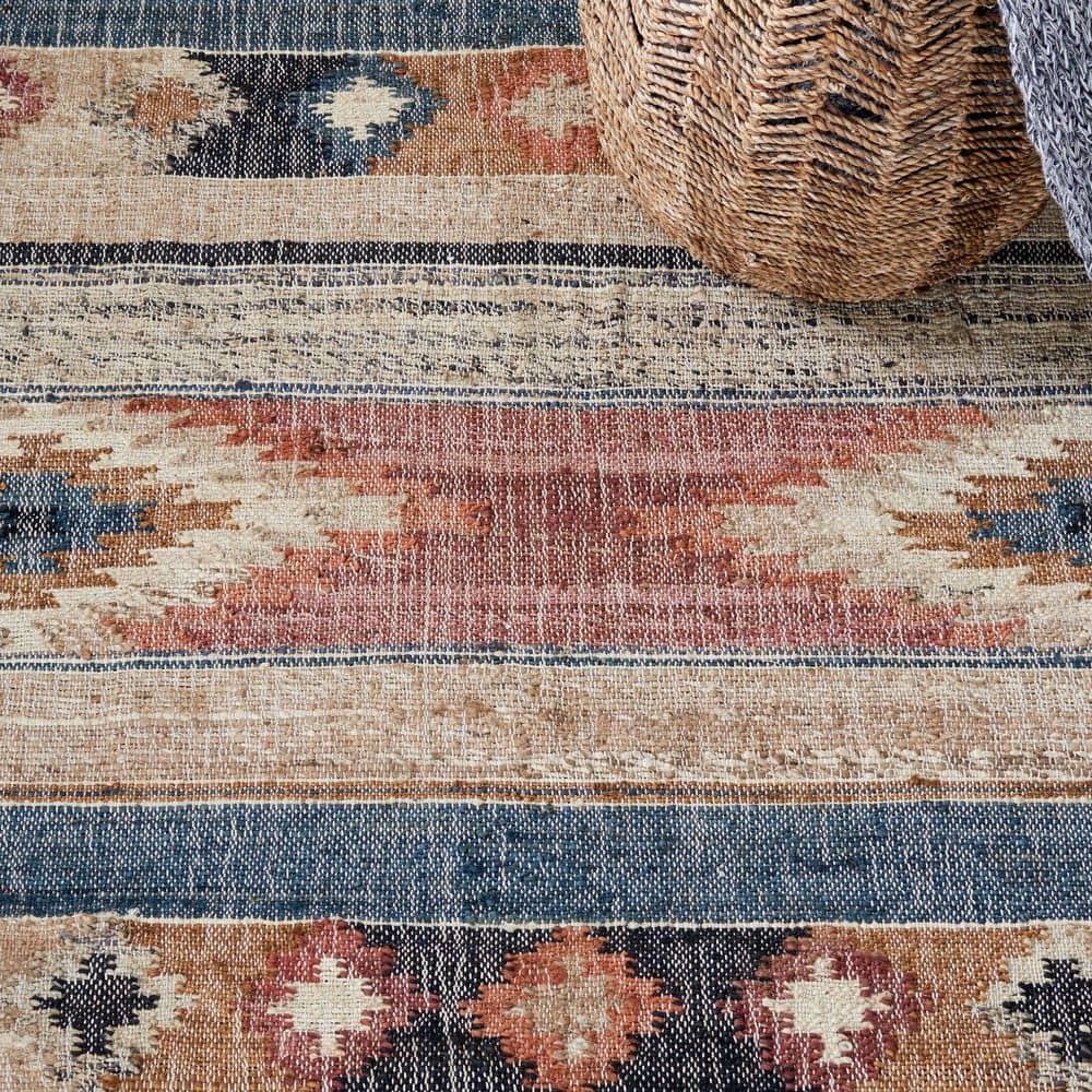 Blue and Rust Handmade Wool Cotton Kilim Rug, 5' x 8'