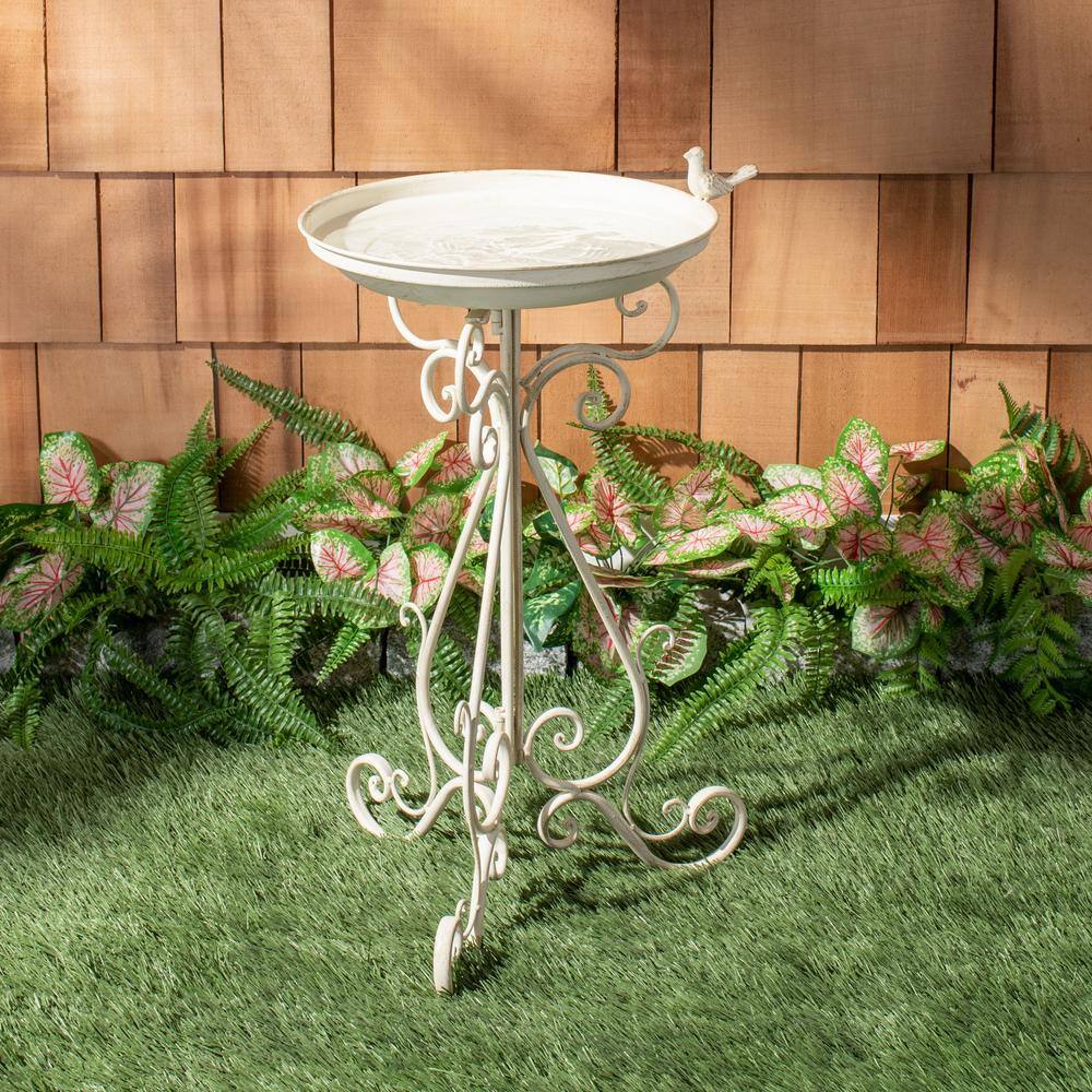 Pearl White Metal Scrolled Outdoor Bird Bath Stand