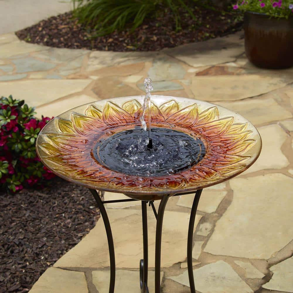 Sunflower Hand-Painted Glass Solar Bird Bath with Steel Stand