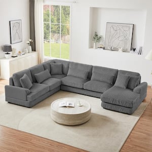 129 in. Rolled Arm Corduroy U-shaped Sectional Sofa in Dark Gray with Chaise Lounge and 7 Pillows