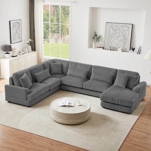 129 in. Rolled Arm Corduroy U-shaped Sectional Sofa in Dark Gray with Chaise Lounge and 7 Pillows