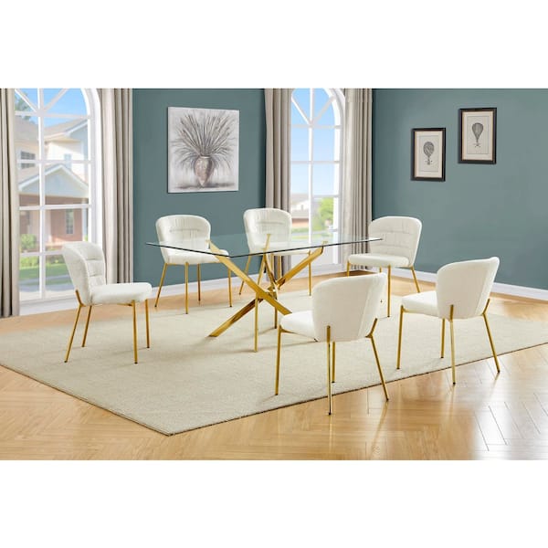 Best Quality Furniture Olly 7-Piece Clear Glass Top Gold Chrome Iron Legs Dining Set with 6 Cream Chairs