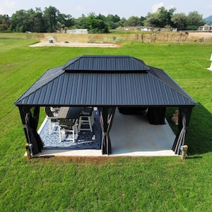 12 ft. x 24 ft.Gray Aluminum Hardtop Gazebo Canopy for Patio Deck Backyard with Netting, Hooks, Upgrade Curtain