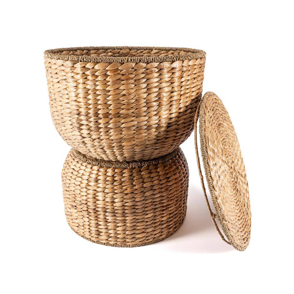happimess Bhola 18 in. Hourglass Handwoven Hyacinth Storage Accent Table with Lid, Natural
