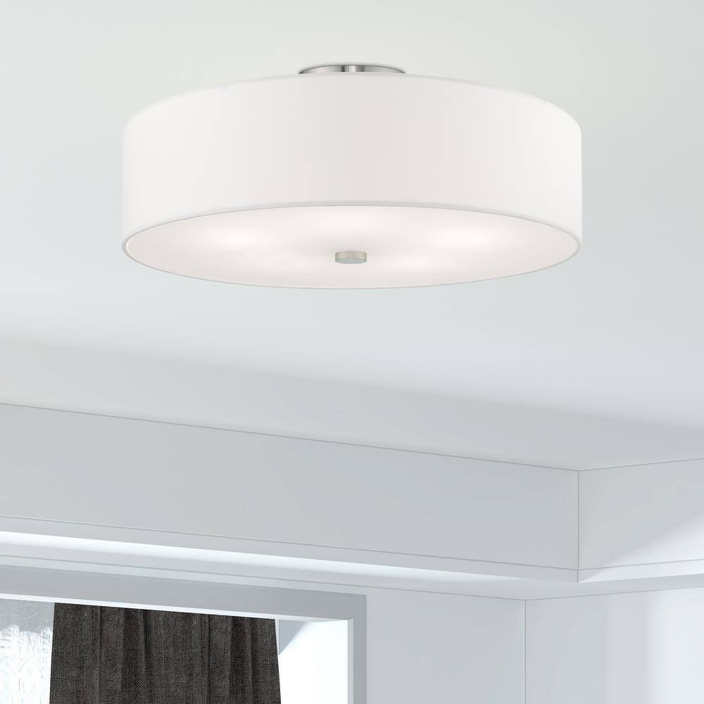 Brushed Nickel 22" Drum Semi-Flush Mount with Off-White Shade