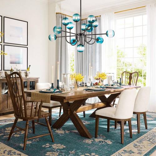 Xochitl 13-Light Mid-Century Modern Black Linear Sputnik Gradient Blue Glass Globe Bubble Chandelier for Living Room Lighting