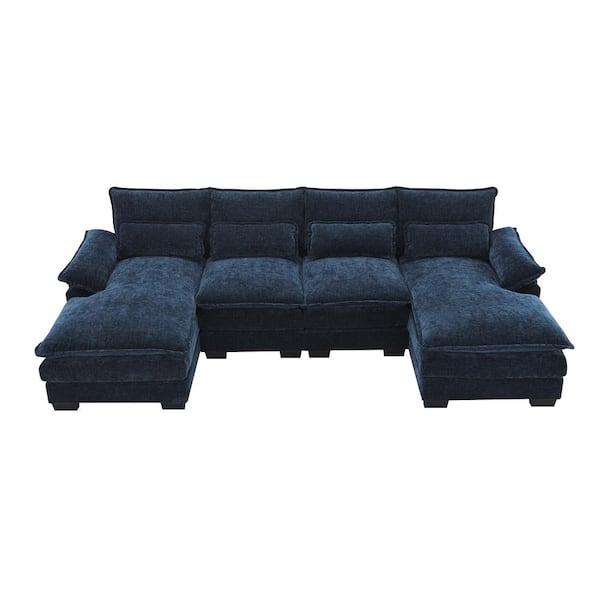 109.8 in. x 55.9 in. Square Arm Chenille U-Shaped Sectional Sofa with Waist Pillows in Navy Blue