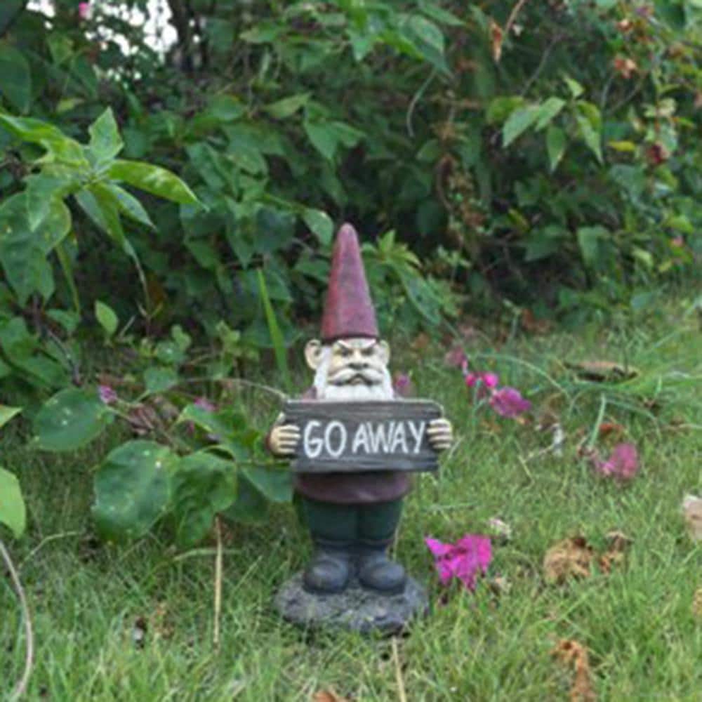 Red and Green Polyresin Gnome Garden Statue with Go Away Sign