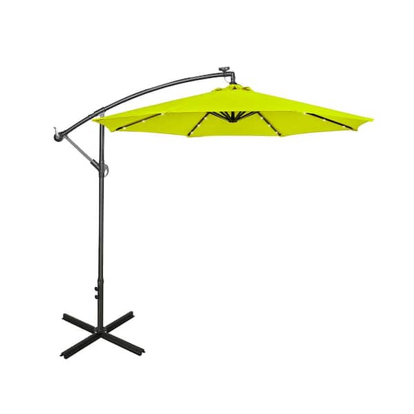 WESTIN OUTDOOR Bayshore 10 ft. Outdoor Patio Crank Lift LED Solar Powered Offset Cantilever Umbrella with Cross Base in Lime Green