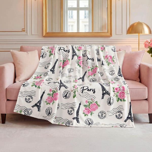 Floral Paris Eiffel Blush Oversized Plush Polyester Throw Blanket