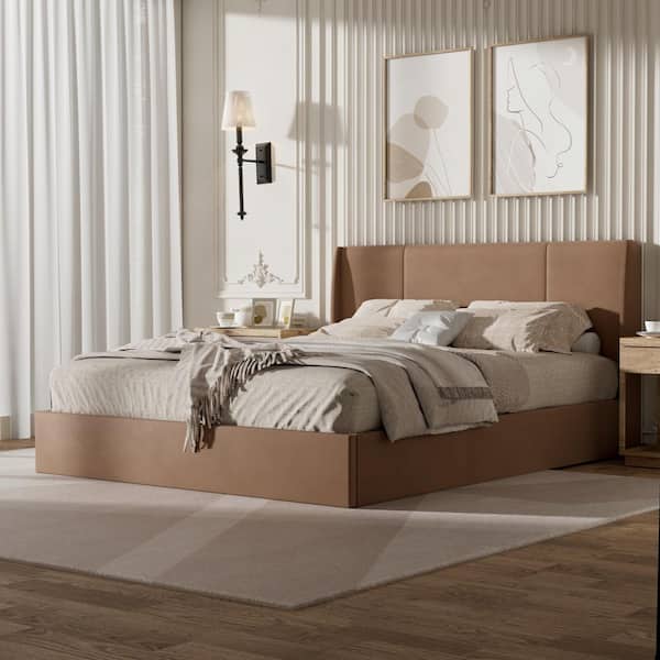 Brown Frame Queen Size Wingback Upholstered Platform Bed with Lift-up Storage Supported by Metal and Wooden Slats