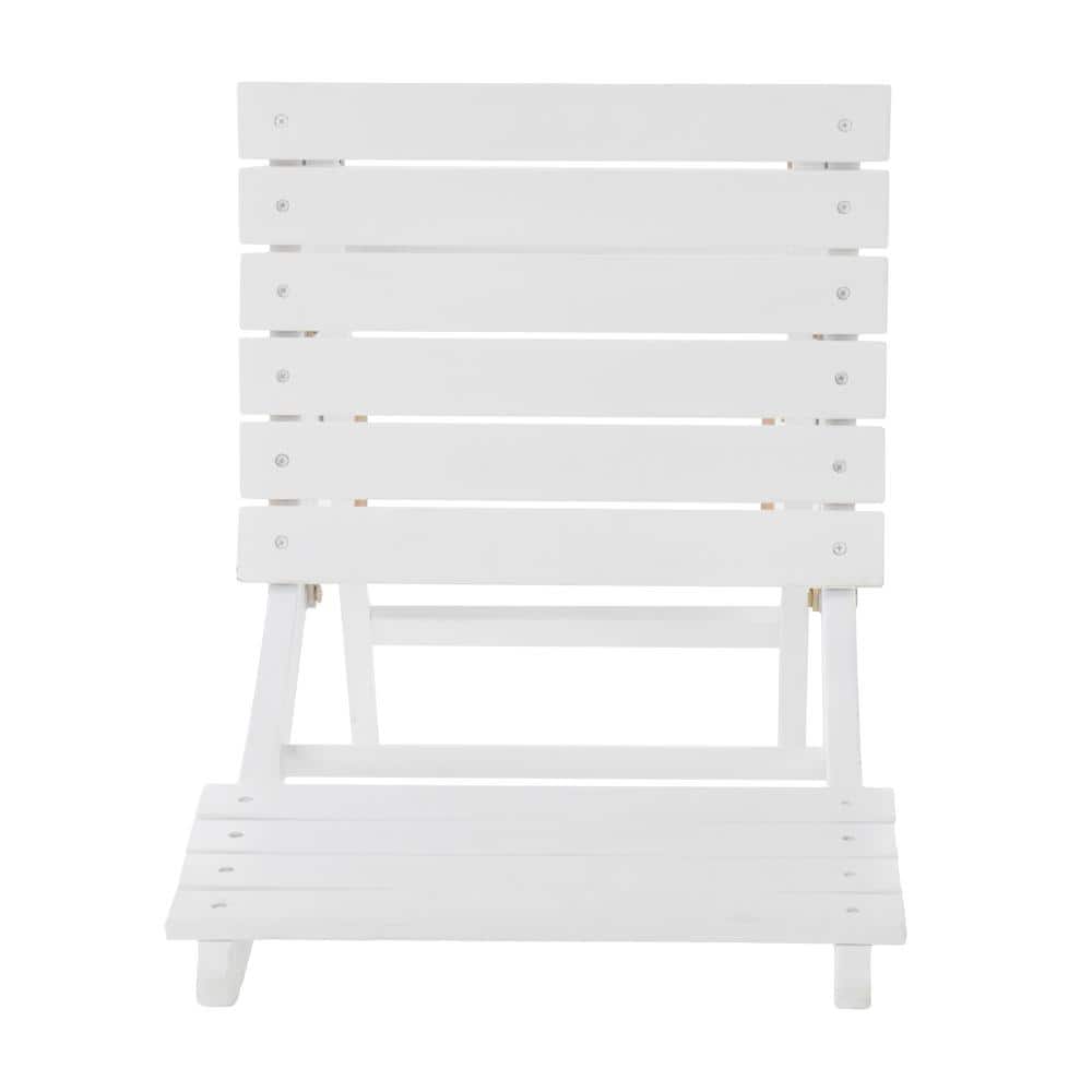 White foldable outdoor dining chair shown from the back.