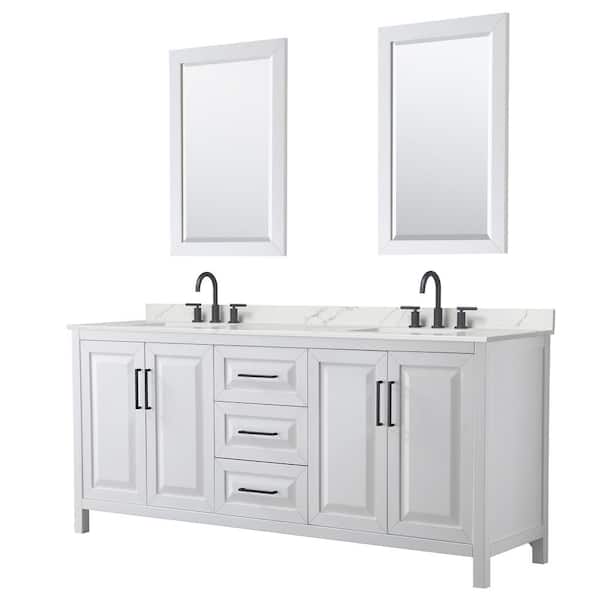 Wyndham Collection Daria 80 in. W x 22 in. D x 35.75 in. H Double Bath Vanity in White with Giotto Quartz Top and 24 in. Mirrors