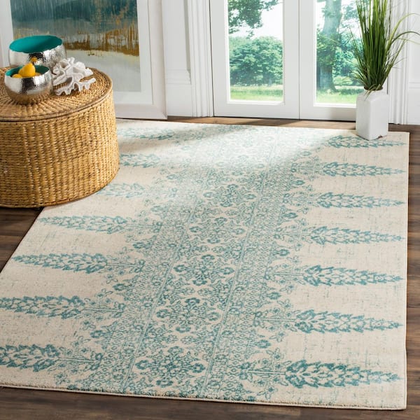 Evoke Ivory/Teal Doormat 3 ft. x 5 ft. Tribal Floral Area Rug