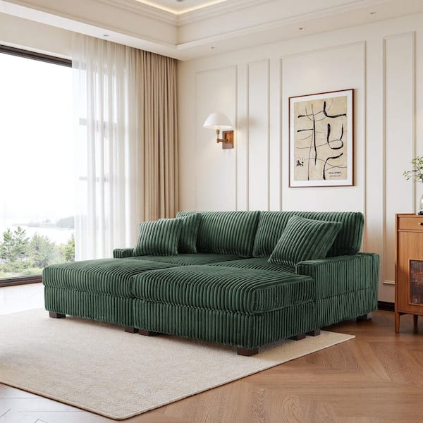 83.44 in. W Modern Square Arm 4-Piece Faux Rabbit Fur Fabric Rectangle Modular Sectional Sofa in Green