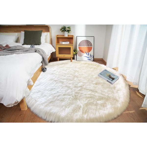 Faux Sheepskin Fur White 8 ft. Round Fuzzy Cozy Furry Rugs Area Rug