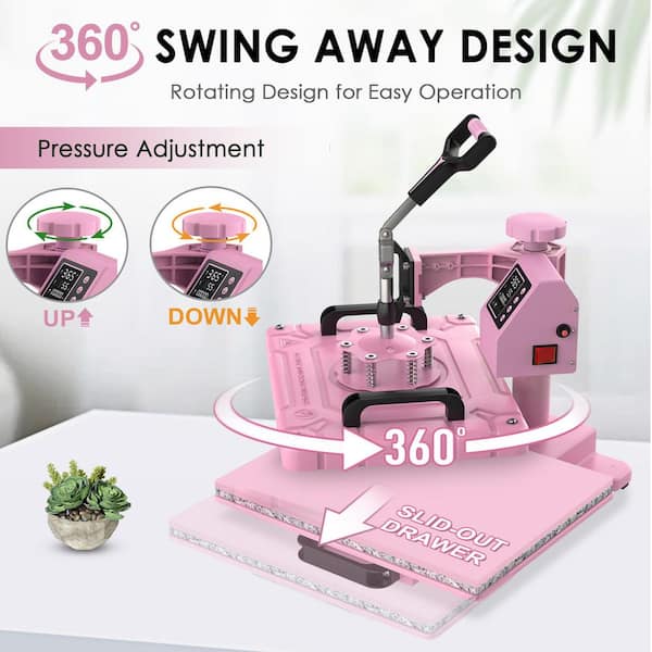 5 in 1 Pink T-Shirt Heat Press Machine 12x15 Inch 360° Swing Away Digital with 30 oz. Tumbler Attachment