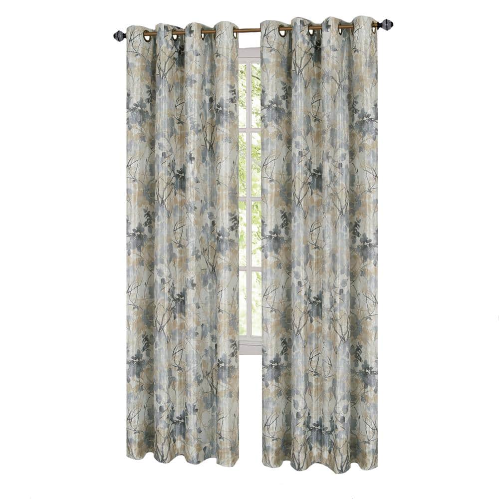 Tan Floral Blackout Grommet Polyester Window Drapes, 50x63