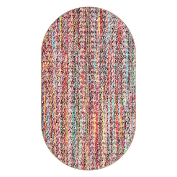 Colorful 3 ft. x 5 ft. Oval Polyester Washable Modern Geometric Pattern Area Rug