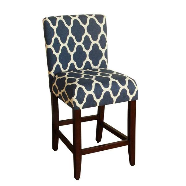 Benjara 34.5 in. Blue and White Low Back Wooden Frame Counter Stool with Fabric Seat