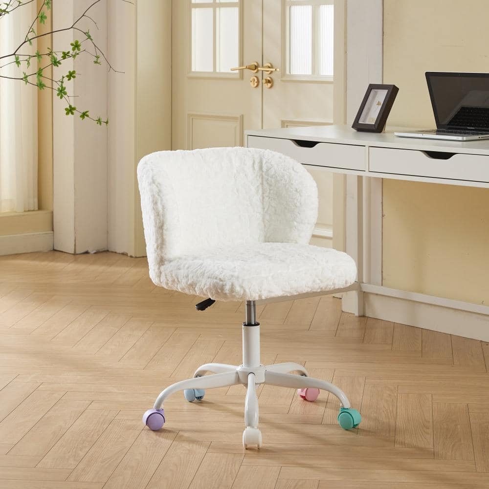 Ivory Artificial Rabbit Hair Upholstered Adjustable Height Swivel Arm Chair with Colorful Wheels
