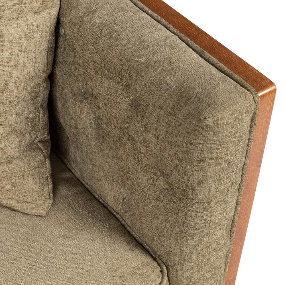 Dark Beige Fabric Tufted Loveseat with Walnut Frame and Accent Pillows