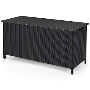 85 Gal. Black Rattan Deck Box with Waterproof Liner Universal Wheels and Gas Strut