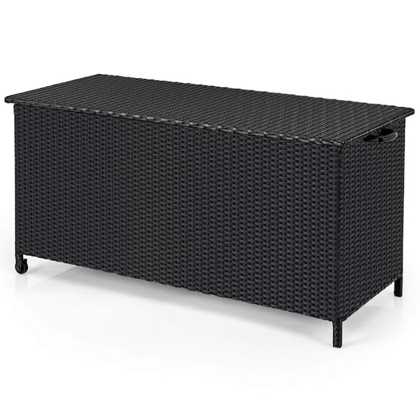 Costway 85 Gal. Black Rattan Deck Box with Waterproof Liner Universal Wheels and Gas Strut