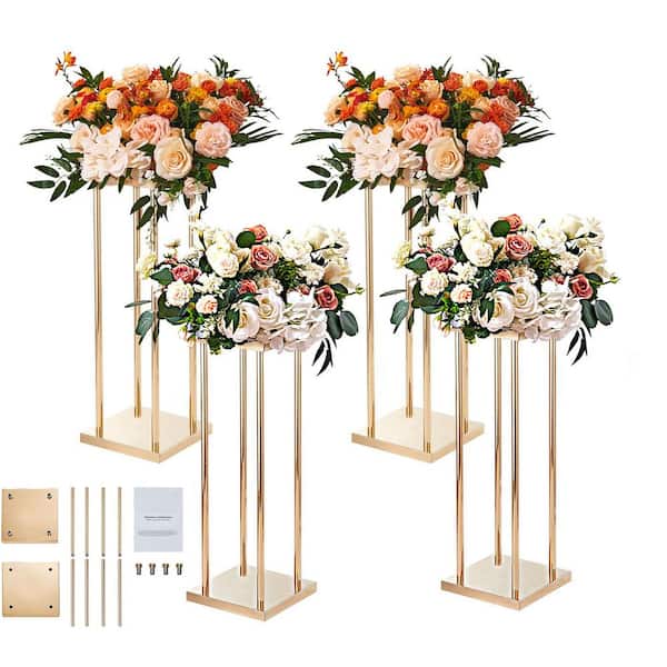 SKYSHALO 4-Pieces Gold Metal Column Wedding Flower Stand, 31.5 in. High w/ Metal Laminate, Cylindrical Floral Display Rack Square