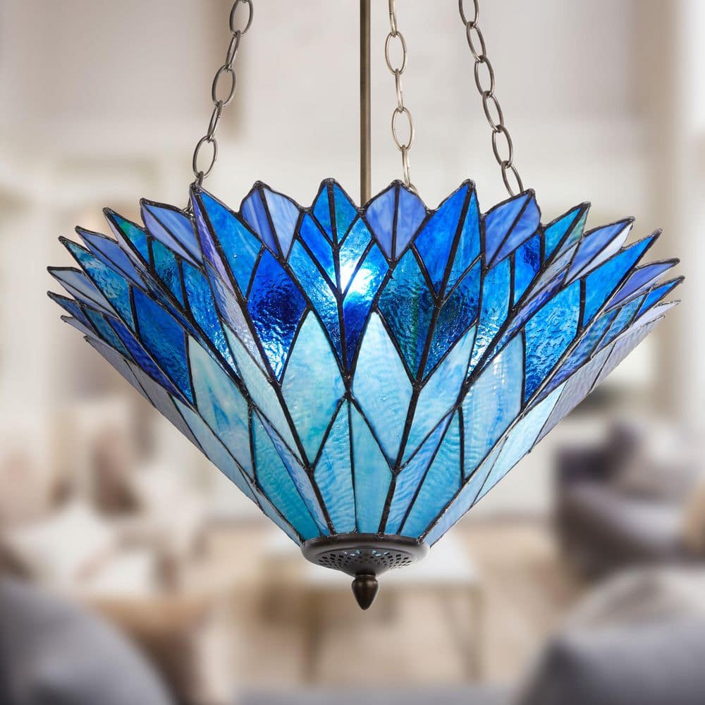 Phoebe 28 in. 3-Light Bronze Bowl Pendant Light Chandelier with Blue Stained Glass Shade price history on PriceWatchPro