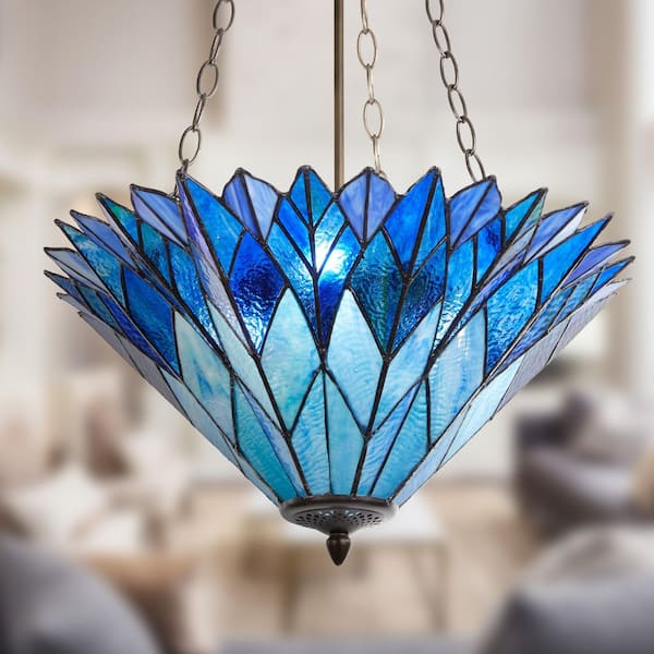 Phoebe 28 in. 3-Light Bronze Bowl Pendant Light Chandelier with Blue Stained Glass Shade