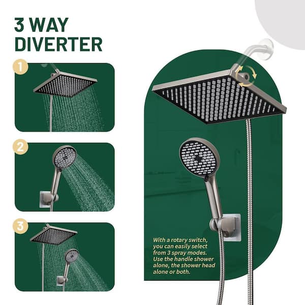 Rainfull 2-in-1 6-Spray Patterns with 1.8 GPM 12 in. Wall Mount Dual Shower Head and Handheld Shower Head in Nickel