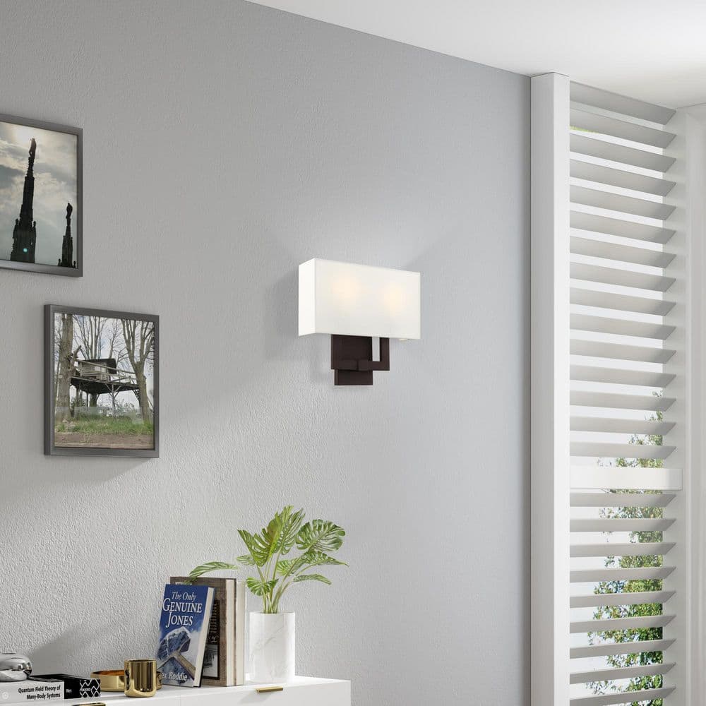 Hollborn Dimmable 2-Light Wall Sconce in Bronze with Off-White Shade