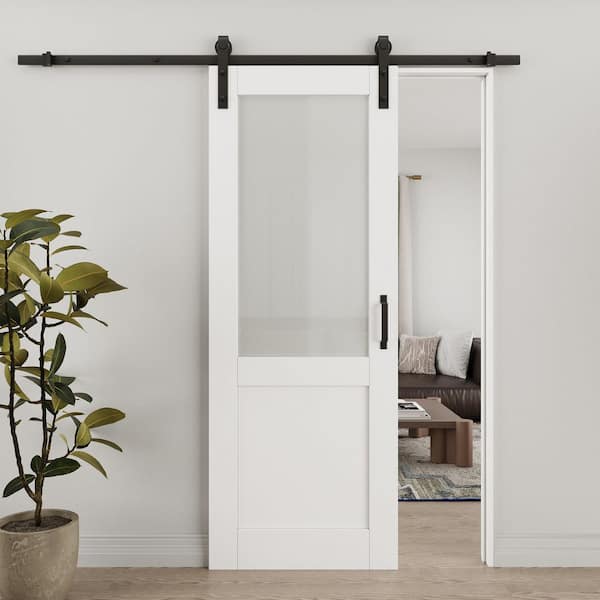 ARK DESIGN 30 in. x 80 in. 1/2 Lite Tempered Frosted Glass White Primed MDF Composite Sliding Barn Door with Hardware Kit