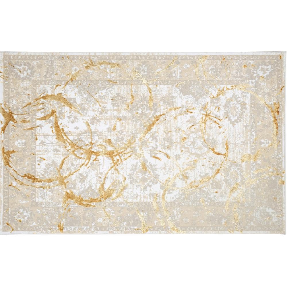 Gold and Beige Tufted Rectangular Stain-Resistant Area Rug