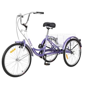 26 in. Wheels Cruiser Bicycles Adult Tricycle Trikes 3-Wheel Bikes with Large Shopping Basket Single Speed in Purple