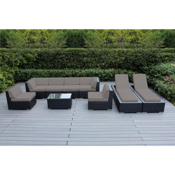 Black 9-Piece Wicker Patio Combo Conversation Set with Sunbrella Taupe Cushions