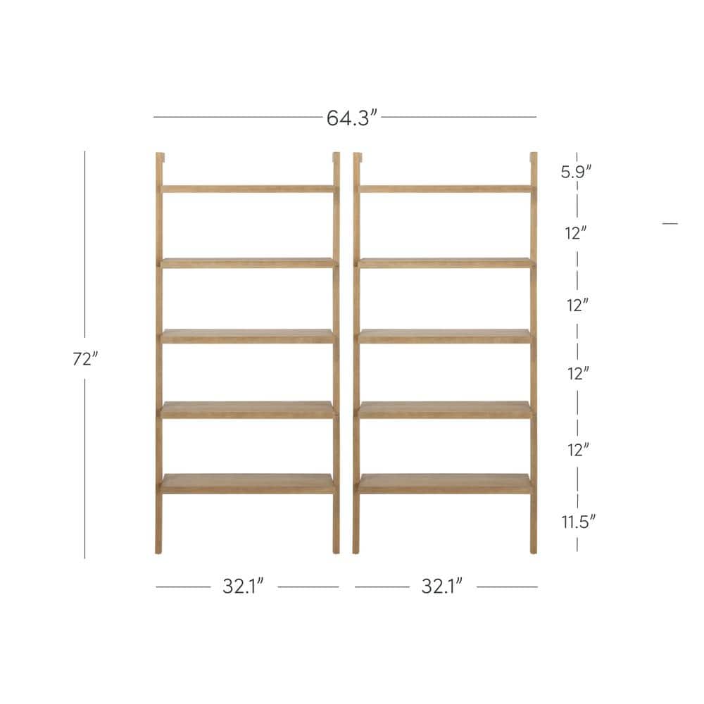 Brushed Light Brown 5-Tier Solid Wood Wall Mounted Bookshelf Set