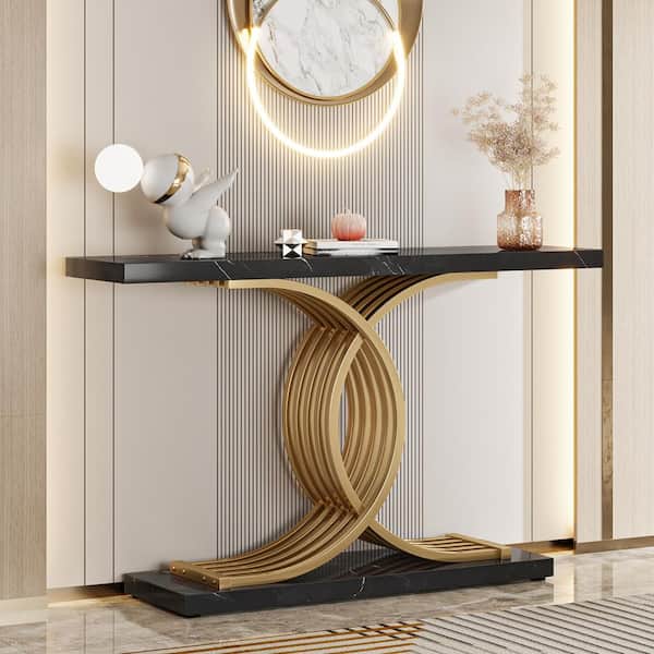Catalin 40 in. Black Rectangle Wood Console Table, Modern Sofa Table with  Geometric Frame