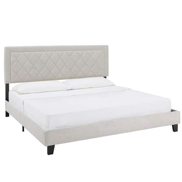 Cream Velvet Fabric King Platform Bed