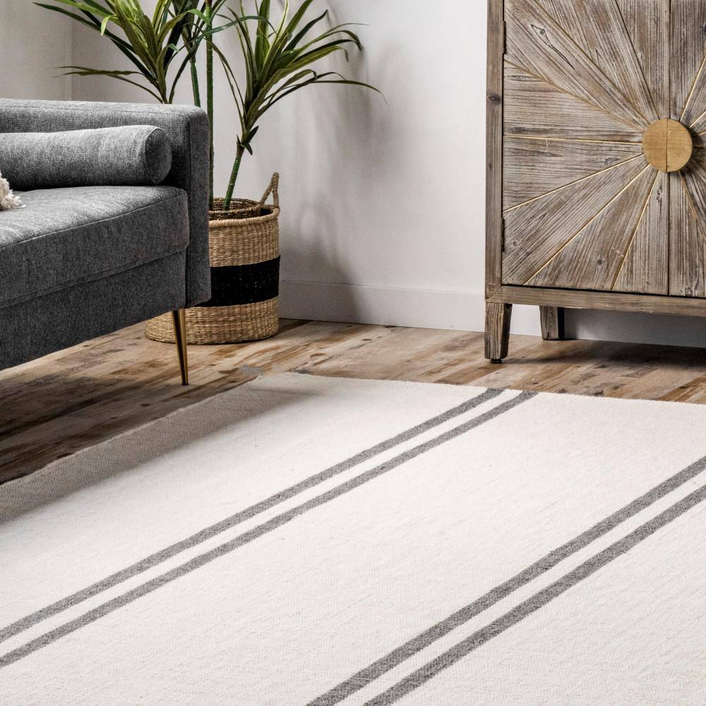 Ivory and Stripe Flat Woven Wool Rectangular Area Rug, 10' x 14'
