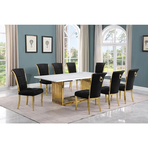 Best Quality Furniture Lisa 9-Piece Rectangle White Marble Top Gold Stainless Steel Dining Set With 8-Black Velvet Gold Iron Leg Chairs