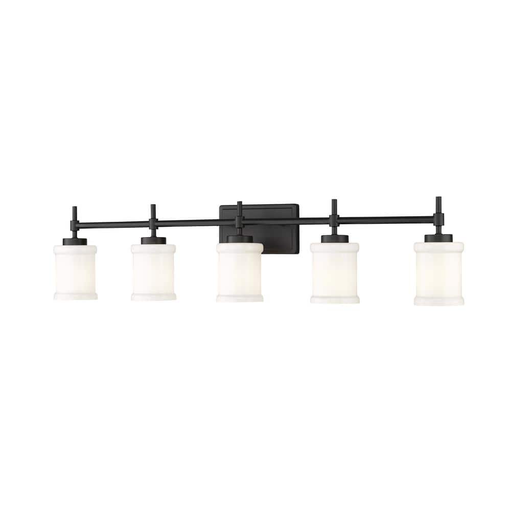 Cadoc 40.5 in. 5-Light Matte Black Vanity-Light with Gloss Opal Glass Shade