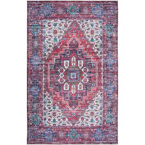 Tuscon Red/Blue 6 ft. x 9 ft. Machine Washable Border Medallion Distressed Area Rug