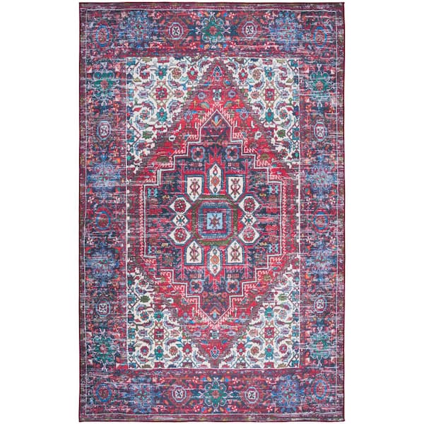 SAFAVIEH Tuscon Red/Blue 6 ft. x 9 ft. Machine Washable Border Medallion Distressed Area Rug