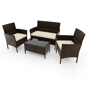 4-Piece Rattan Patio Conversation Set Outdoor Wicker Furniture Set with Tempered Glass Table Beige Cushions