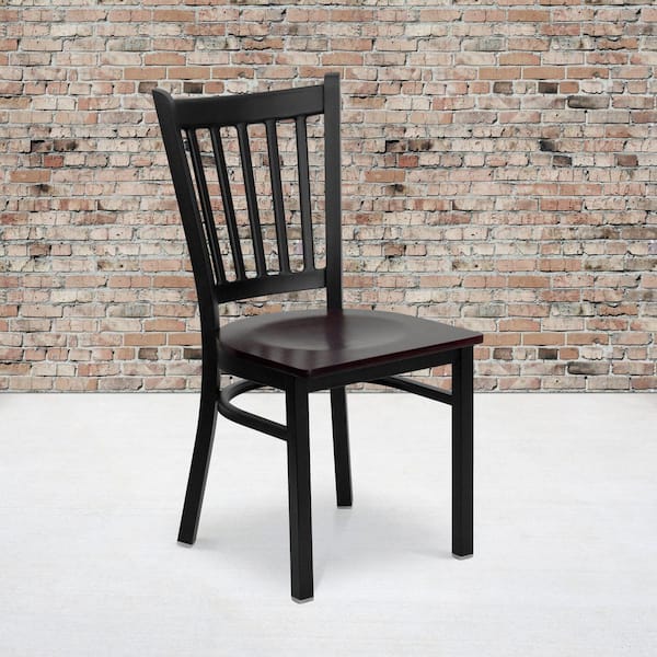 Hercules Series Black Vertical Back Metal Restaurant Chair with Mahogany Wood Seat