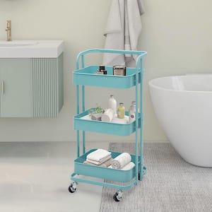 35 in. 3 Tier Metal Foldable Rolling Utility Cart in Teal